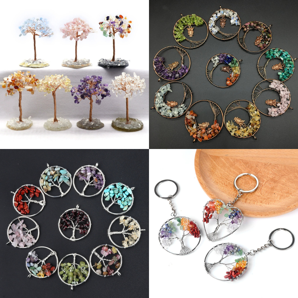 Close-up of assorted natural gemstone chip beads, multicolor polished with drilled holes,Can be made into pendants and trees of life