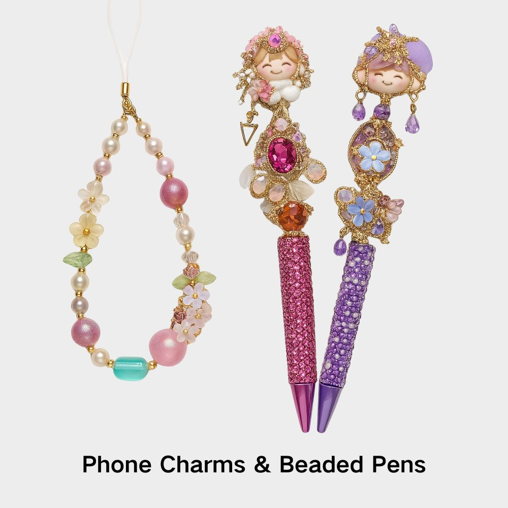 Handmade phone charms and beaded pens made with colorful acrylic beads — fun accessories for gifting, decorating, and creative inspiration.