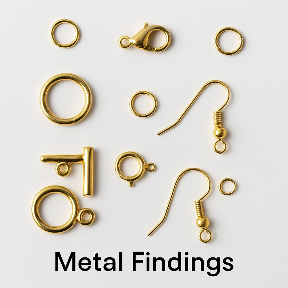 High-quality jewelry findings including jump rings, clasps, and connectors in gold-plated brass, 925 sterling silver, and 18K gold.