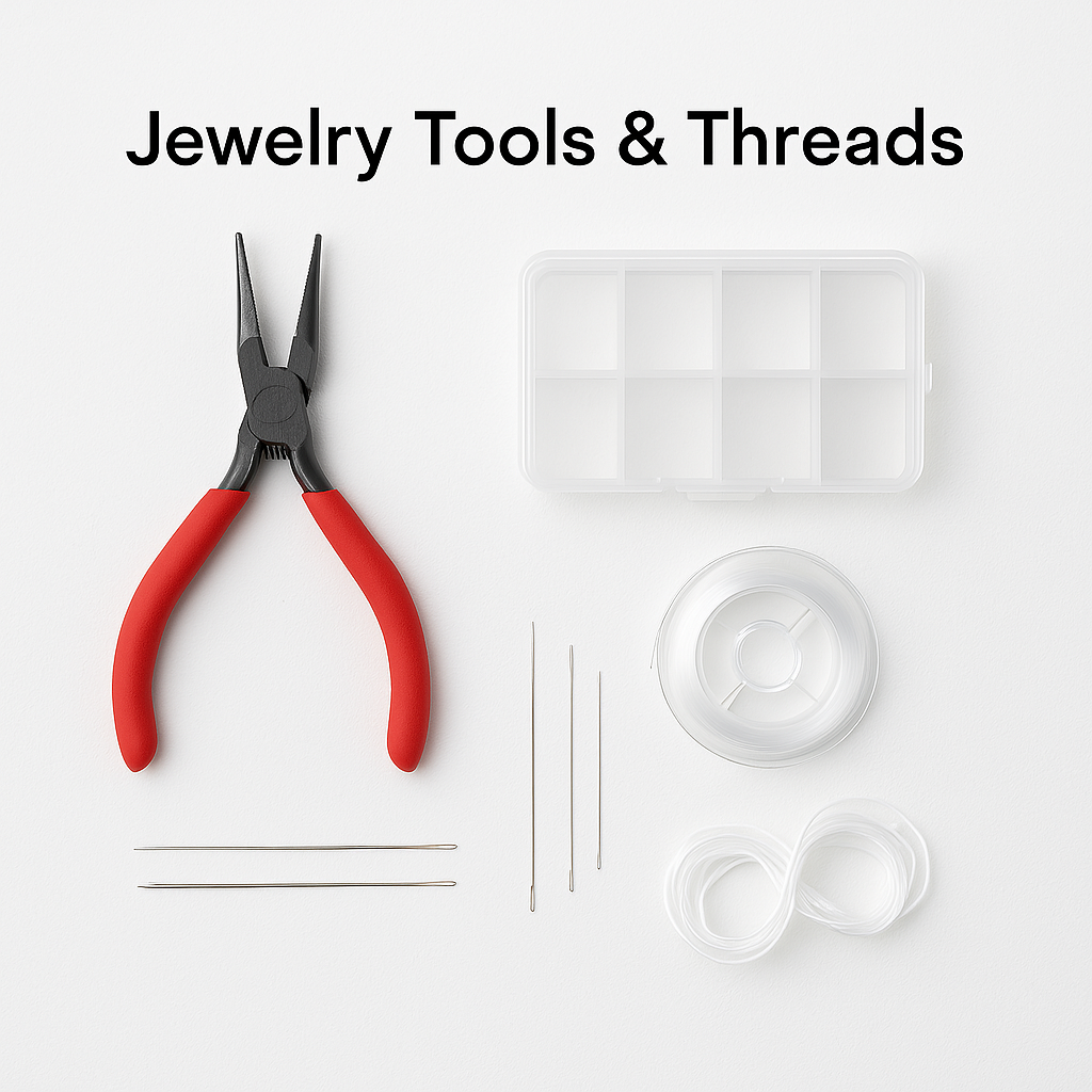 Essential DIY jewelry making tools including pliers, elastic cords, steel beading wire, glue, calipers, and storage boxes for beads and findings.