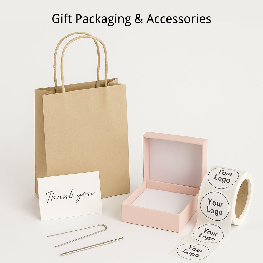 Gift packaging accessories including jewelry boxes, pouches, thank-you cards, and custom logo materials for handmade jewelry and branding.