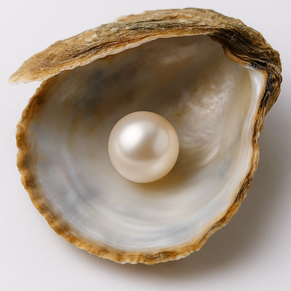 Single pearl inside an open oyster shell, representing premium pearl beads for DIY jewelry making including necklaces, bracelets, and earrings.