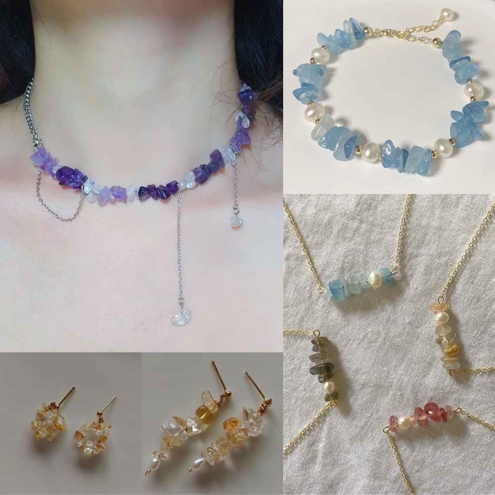 Close-up of assorted natural gemstone chip beads, multicolor polished with drilled holes,Can be made into necklaces and earrings