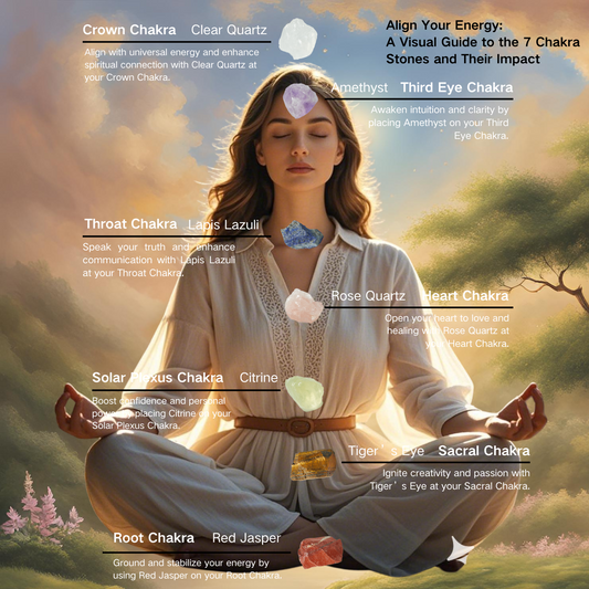 7 chakra crystal placement chart on meditating woman – visual energy guide