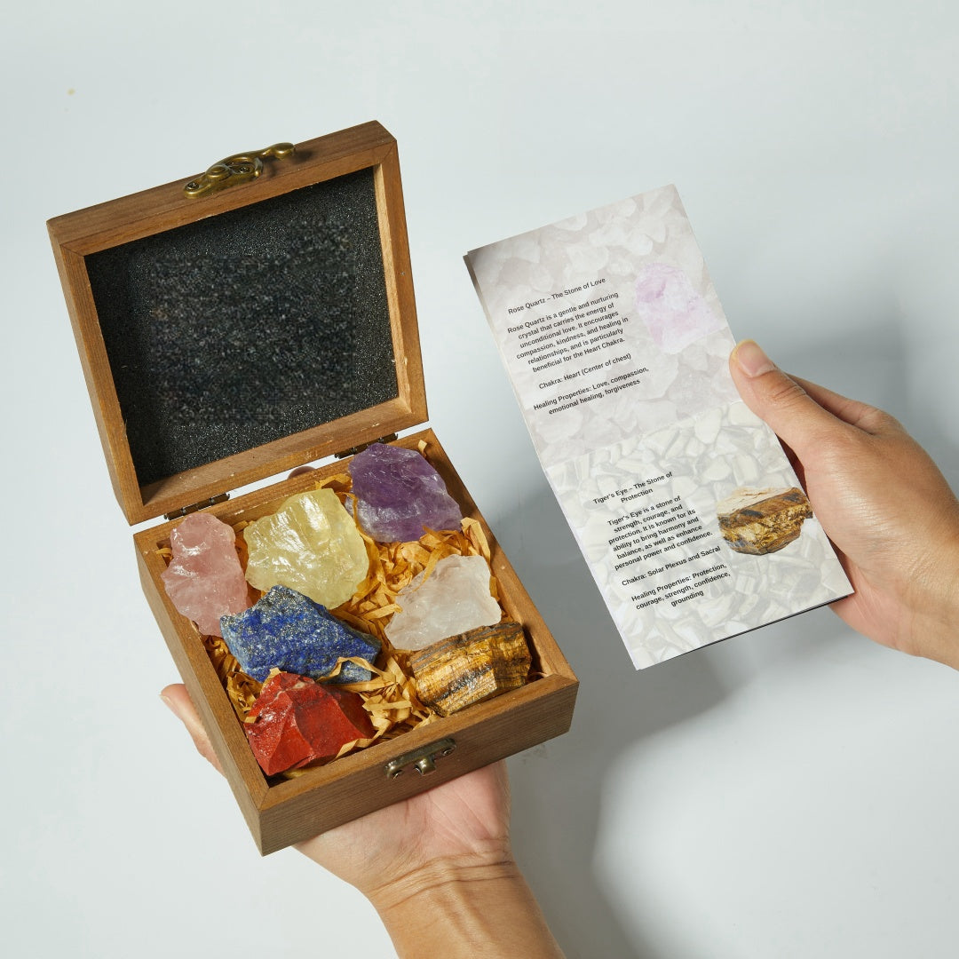Wooden box set with 7 chakra crystals and guide booklet